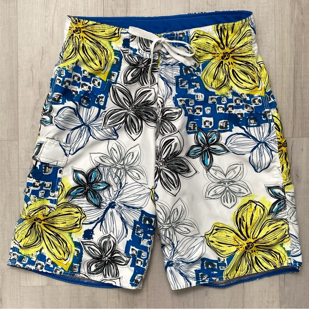 Men's Basic Concepts White/Blue/Yellow Floral Boardshorts Swim Shorts Size 30